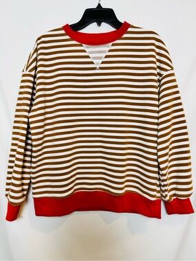 Striped Crewneck Sweatshirt in Brown & White with Red Trim Small
